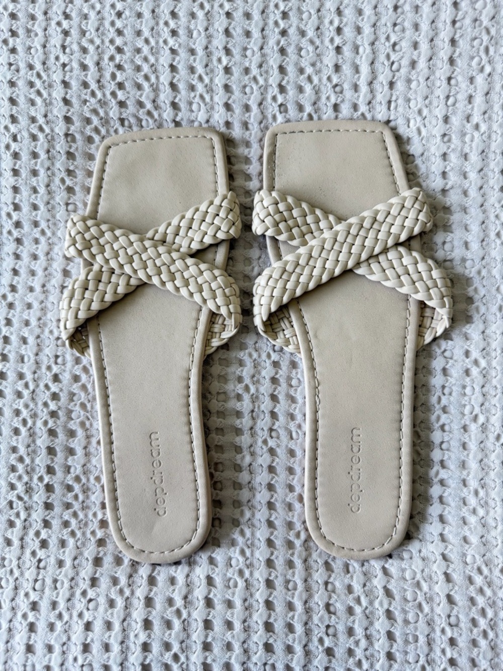 Braided Cross-Strap Slide Sandals in Cream by